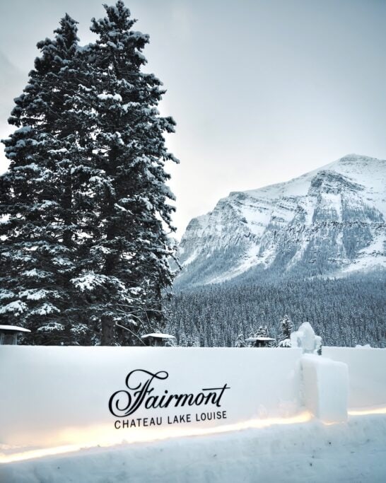 Fairmont Lake Louise sign with mountain in background