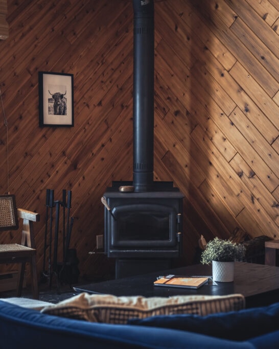 cabin rental Gimli Manitoba living room with woodstove