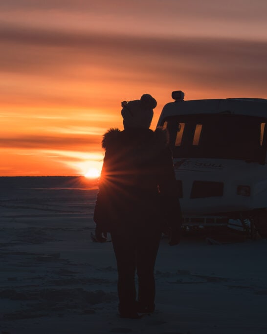 Lake Winnipeg sunset with snobear on Hecla island